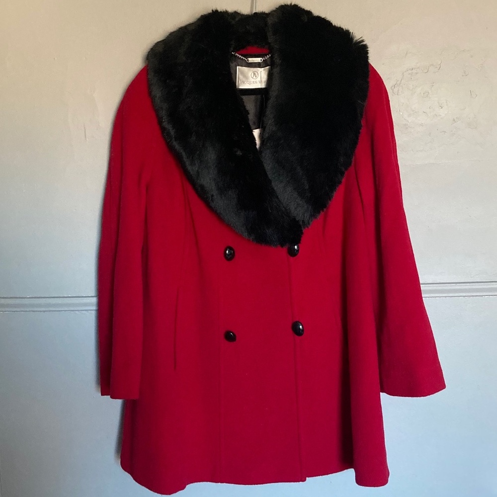 Jacques Vert Vintage Faux Fur Wool Black and Red Coat